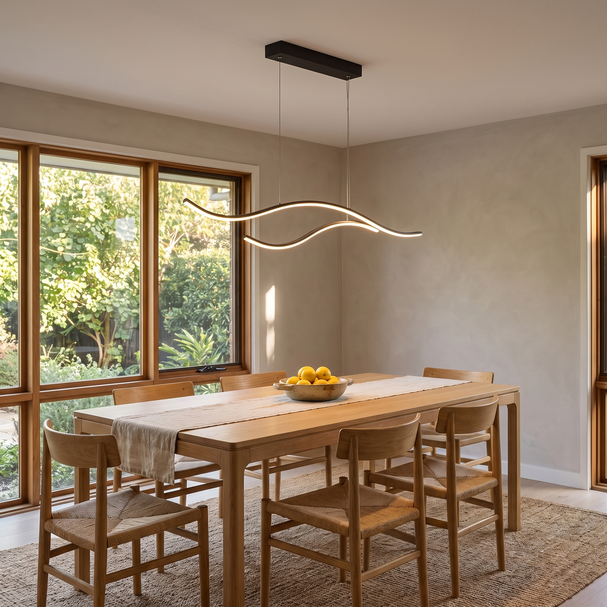 Soho black 100cm wave LED pendant over a Scandinavian dining table