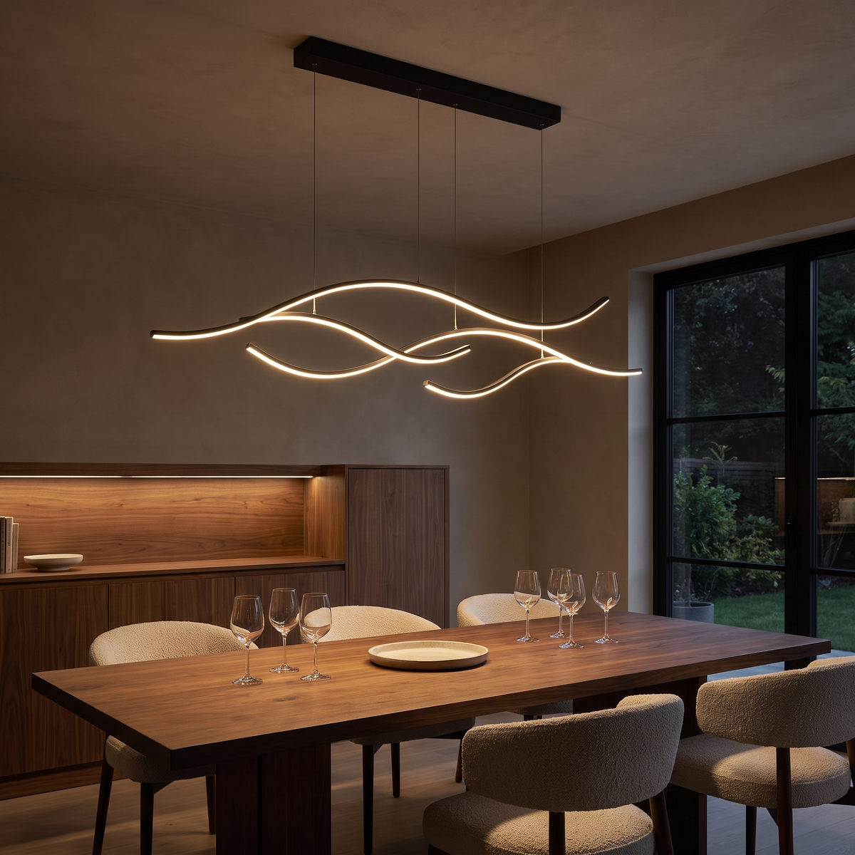 Soho black 120cm four-wave LED pendant light in a moody dining room