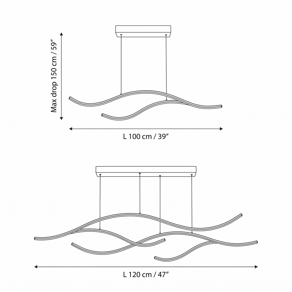 Soho wave LED pendant dimensions, 100cm (39.4in) and 120cm (47.2in) wide with a 150cm (59.1in) maximum drop