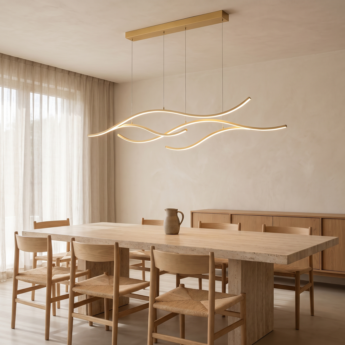 Soho gold 120cm wave LED pendant in a Japandi dining room