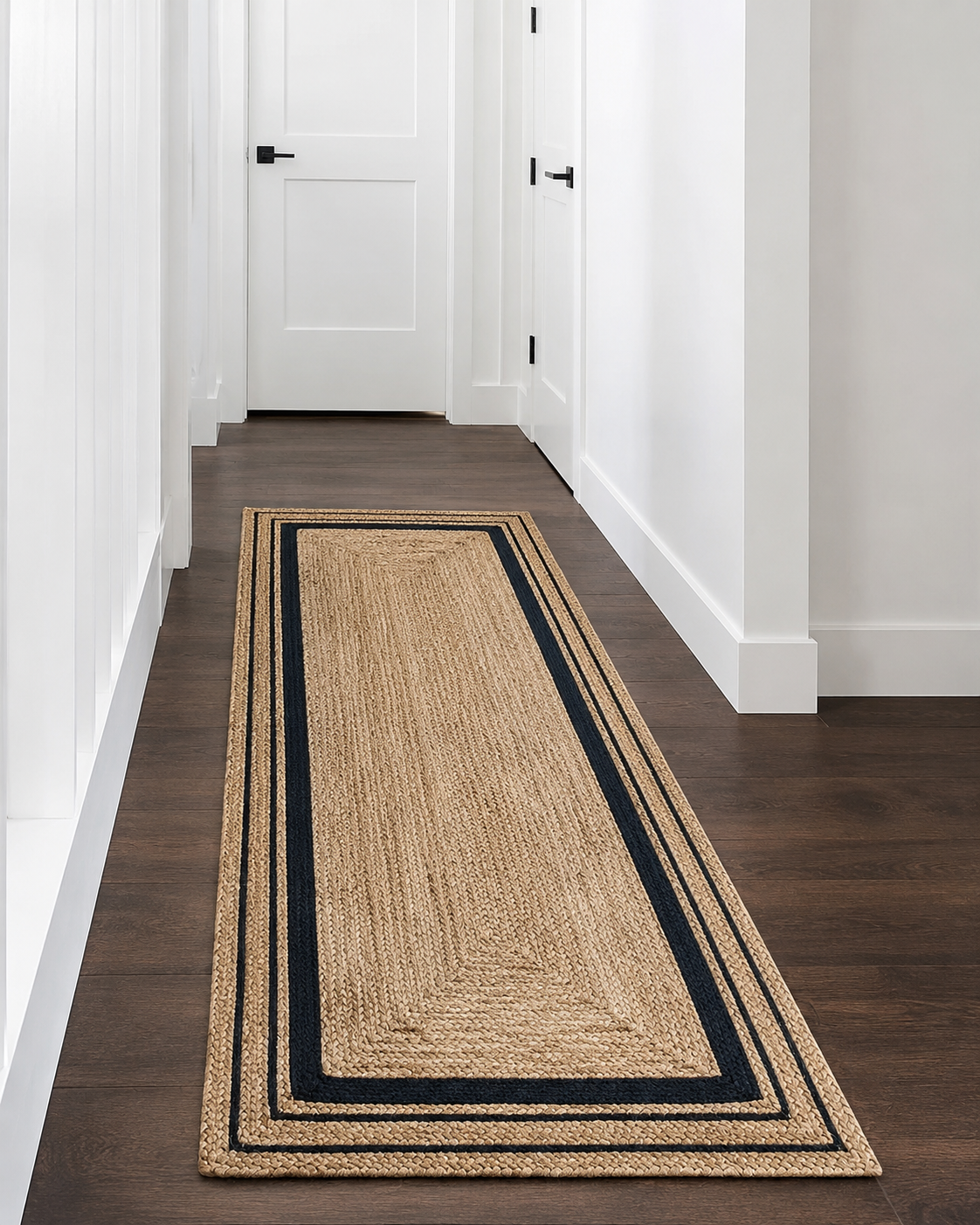 Solen Jute Rug styled as a hallway runner on a timber floor