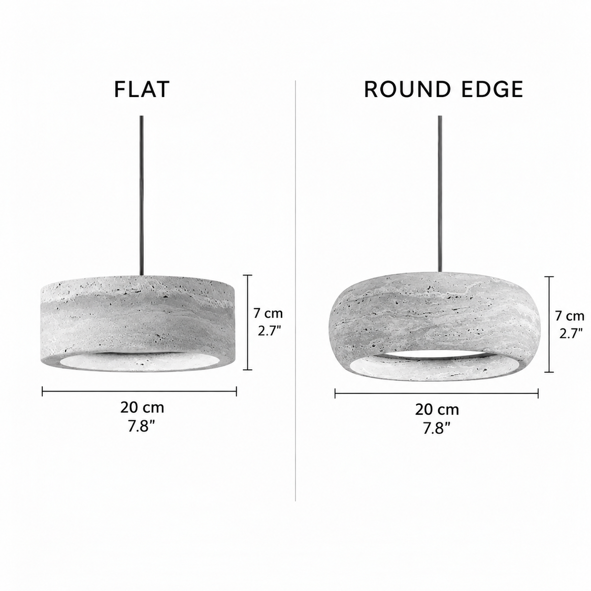 Sora travertine pendant light dimensions, flat edge and rounded edge, 20 cm wide by 7 cm high