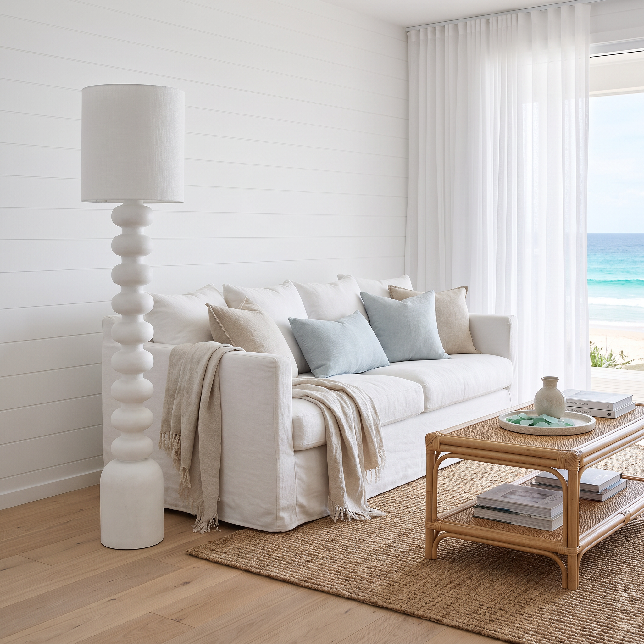 Sorrento floor lamp in a bright light-timber beach-house living room