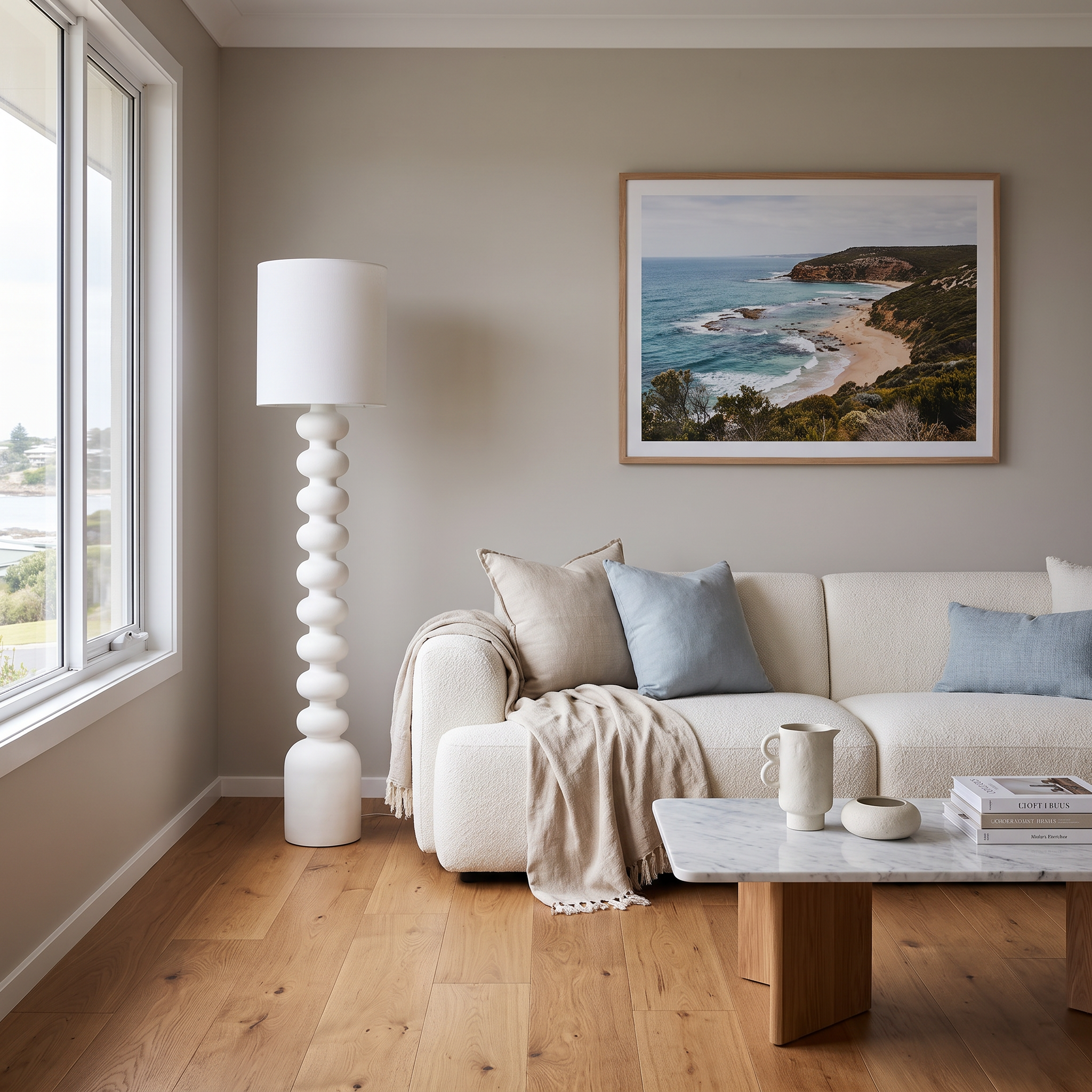 Sorrento floor lamp beside a boucle sofa in a modern coastal living room