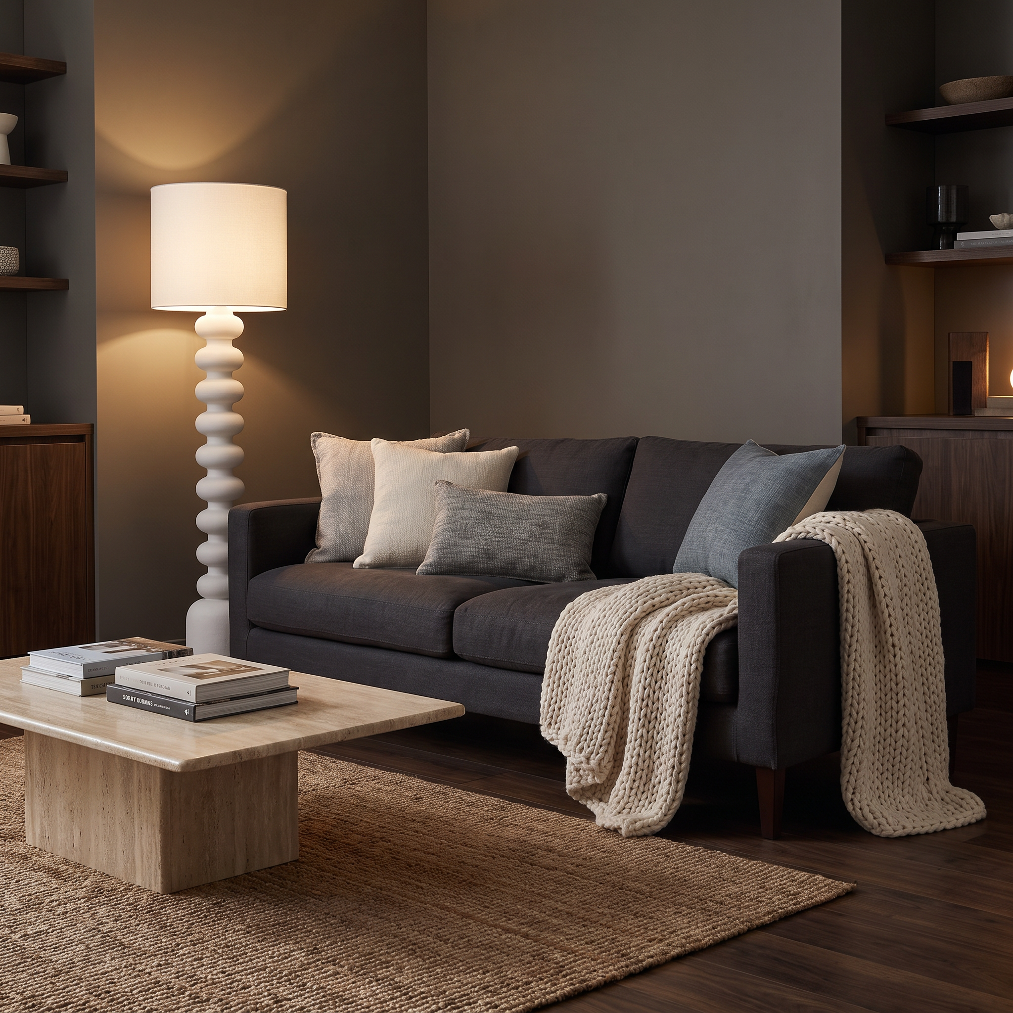 Sorrento floor lamp beside a sofa in a moody dark-timber coastal living room