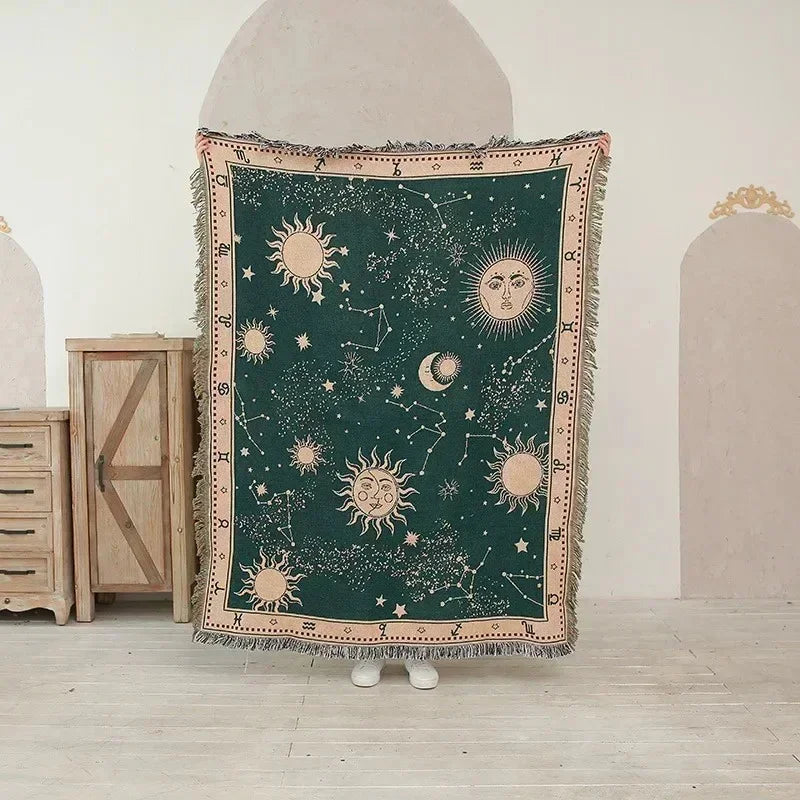 Space Colour-Block Throw Blanket with Woven Fringe folded, showing the colour-block pattern