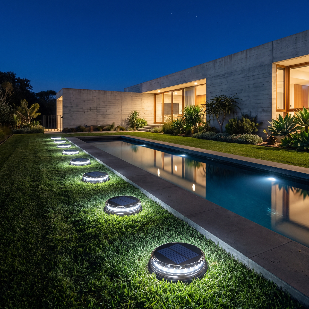 Stitch Outdoor Solar Garden Lights in cool white glowing in the lawn along a concrete lap pool at night