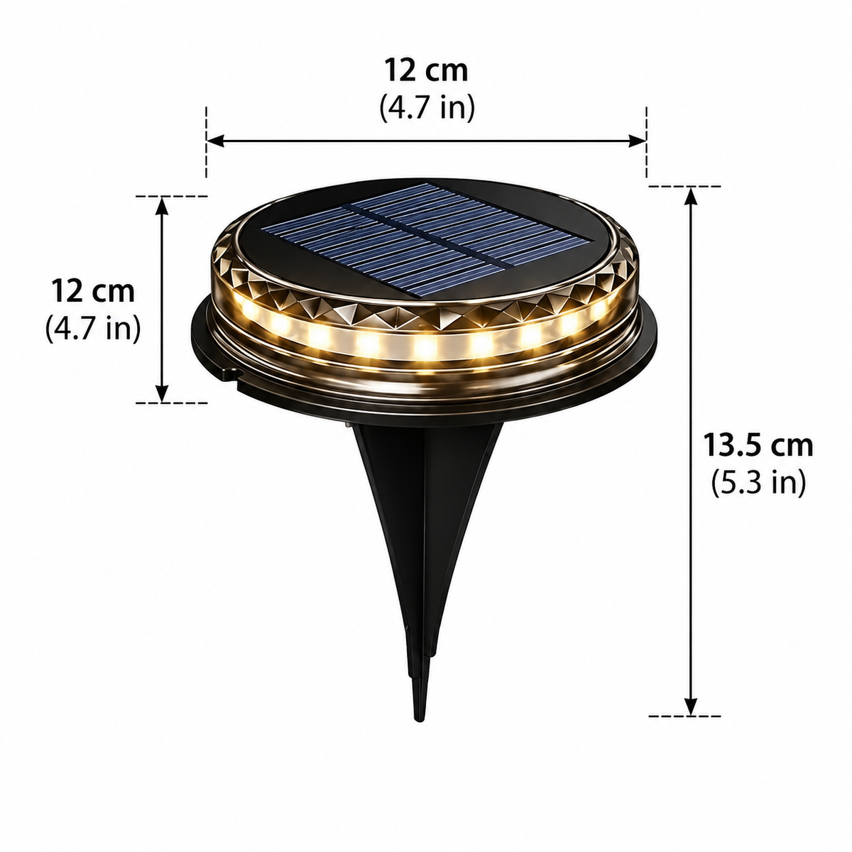 Stitch Outdoor Solar Garden Light dimensions, 12cm (4.7in) disc and 13.5cm (5.3in) tall including spike