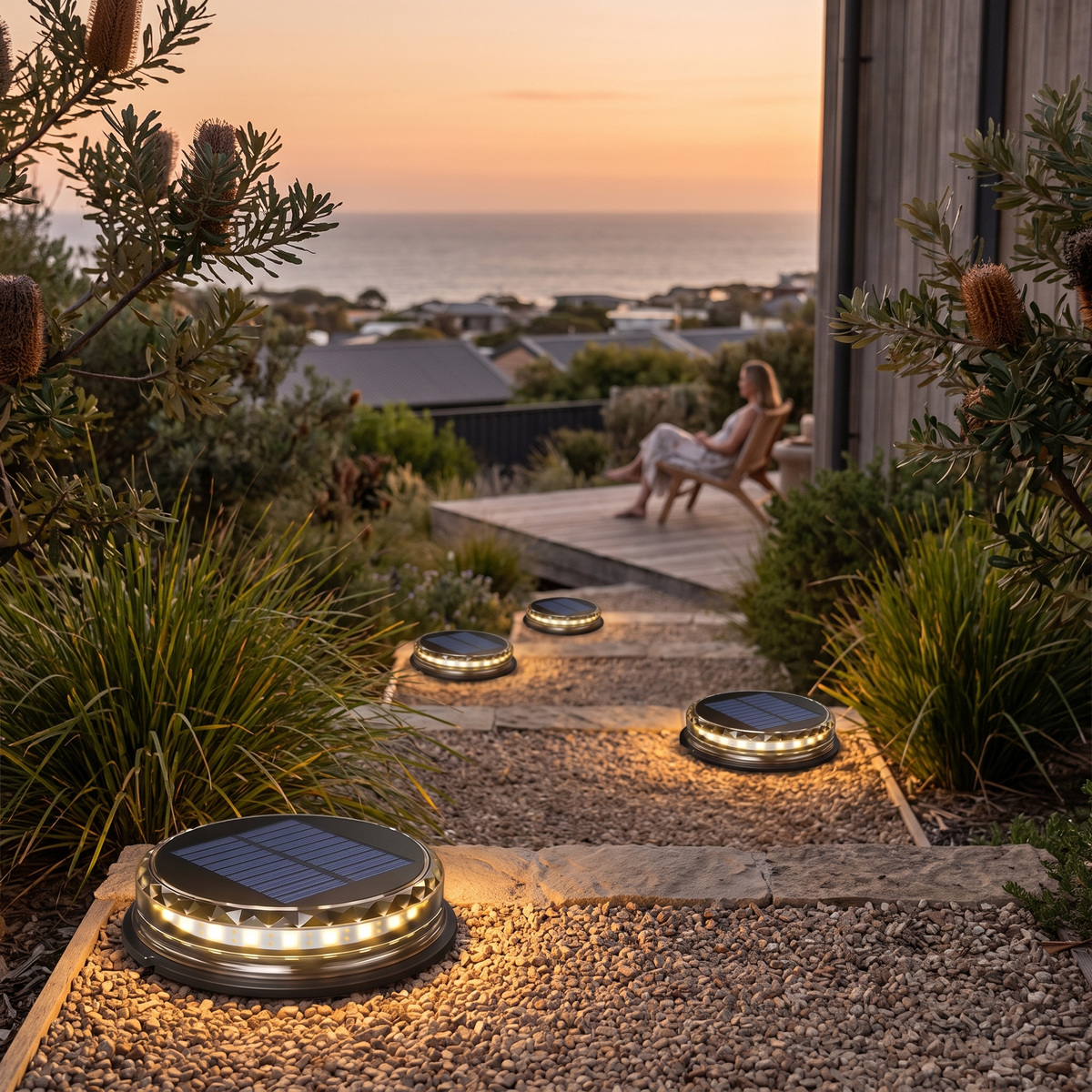 Stitch Outdoor Solar Garden Lights glowing warm down a gravel hillside path with an ocean view at dusk
