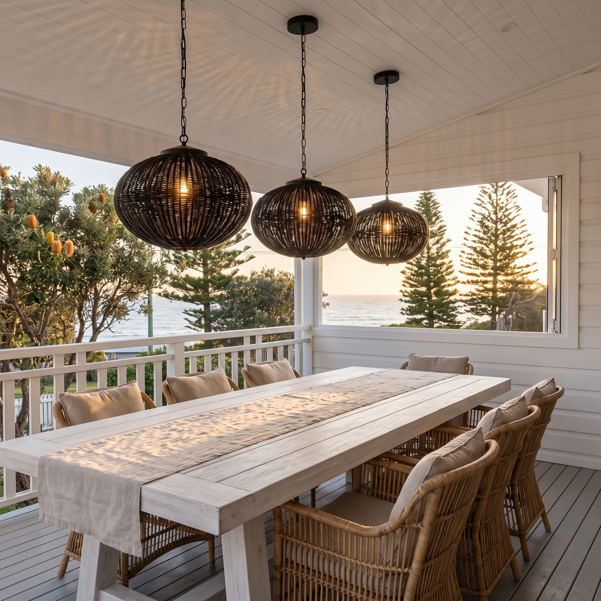 Three flat Suka rattan outdoor pendants over a long table on a covered beach house deck at golden hour