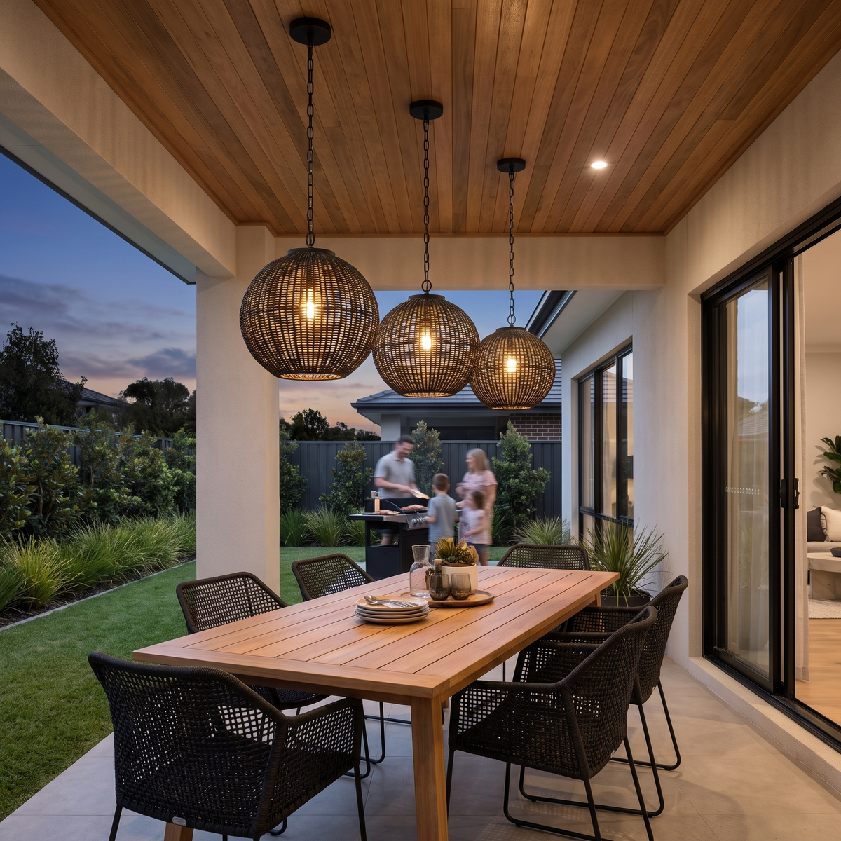 Three round Suka outdoor pendants over a long table in a blackbutt-lined alfresco at dusk