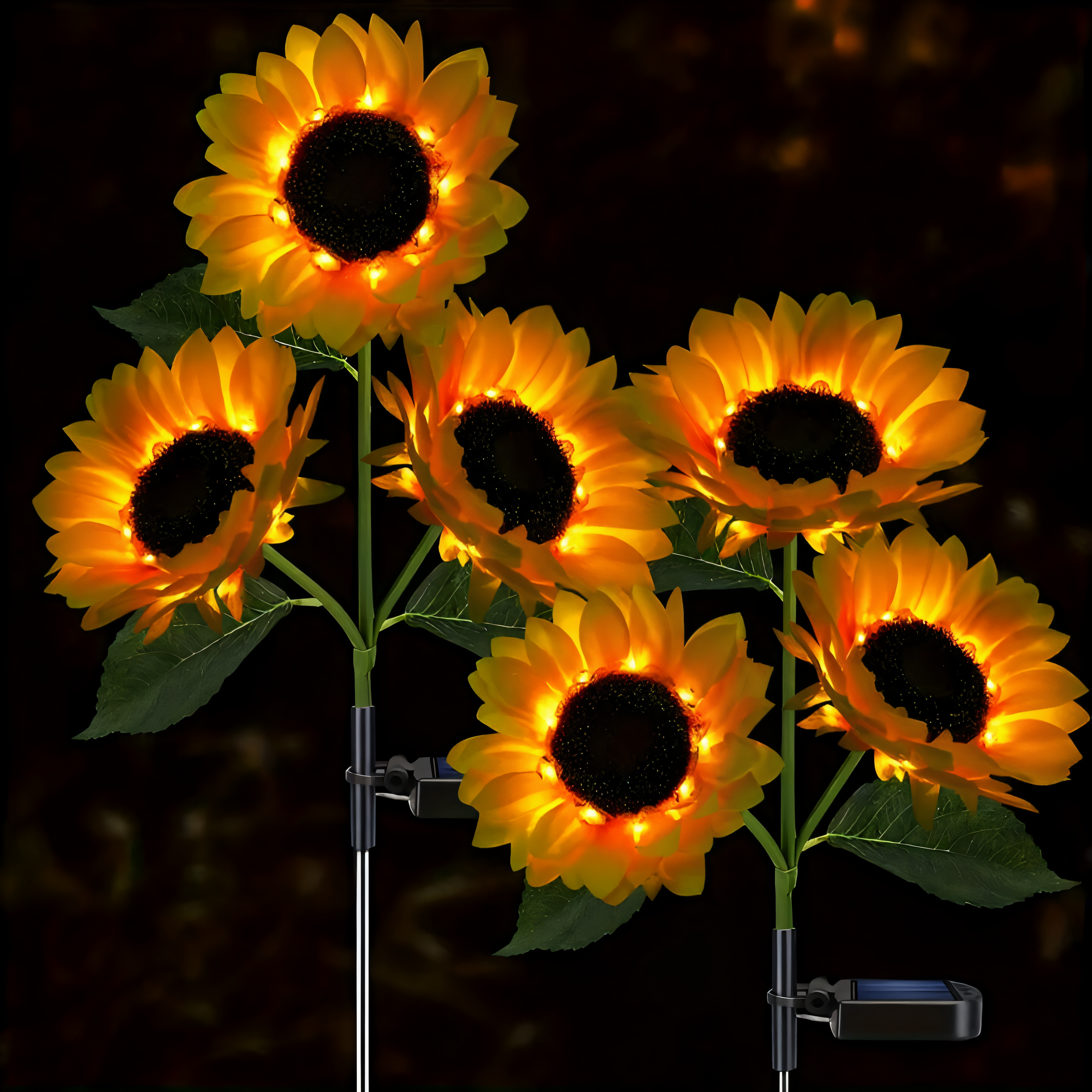 Sunflower Solar Garden Light illuminated at dusk in a garden setting
