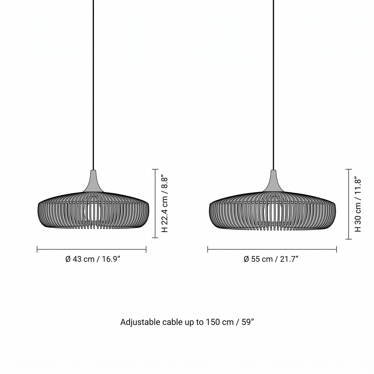 Talandji pendant dimensions, 43cm x 22.4cm and 55cm x 30cm with cable up to 150cm