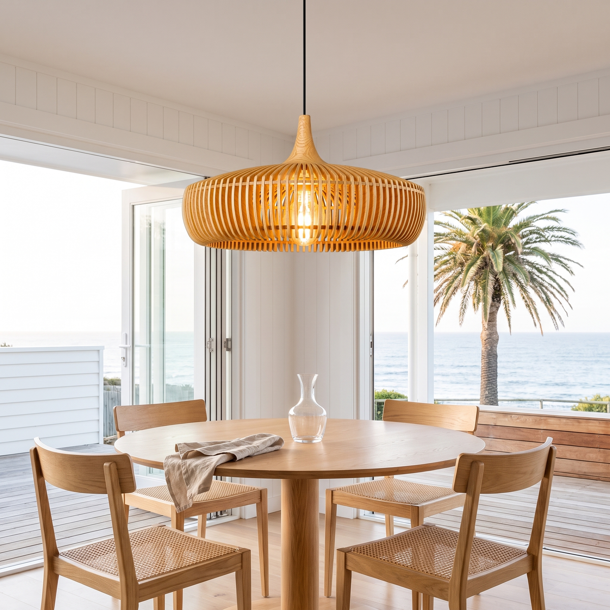 Natural wood Talandji pendant light above a round oak table in a coastal dining room with ocean view