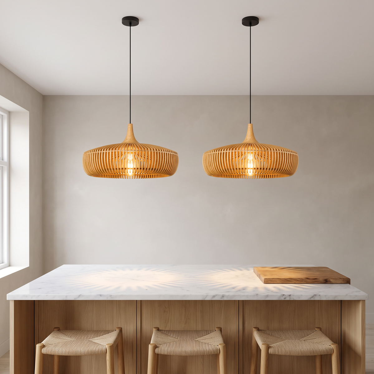 Two natural wood Talandji pendant lights over a white marble kitchen island with oak stools