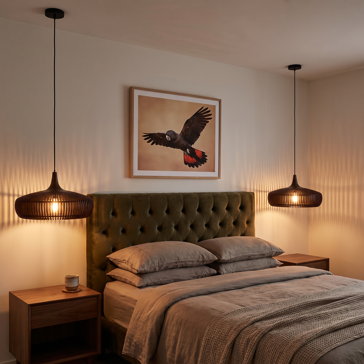 Pair of walnut Talandji pendant lights hanging as bedside lights in a moody bedroom