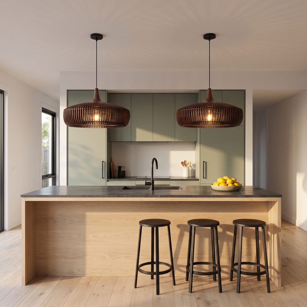 Two walnut Talandji wood pendant lights over a Japandi kitchen island with black stools