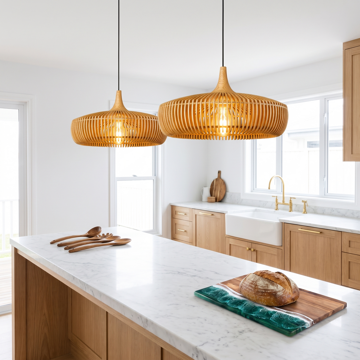 Two natural wood Talandji pendants over a marble kitchen island with Culi wooden utensils and a Bondi acacia board