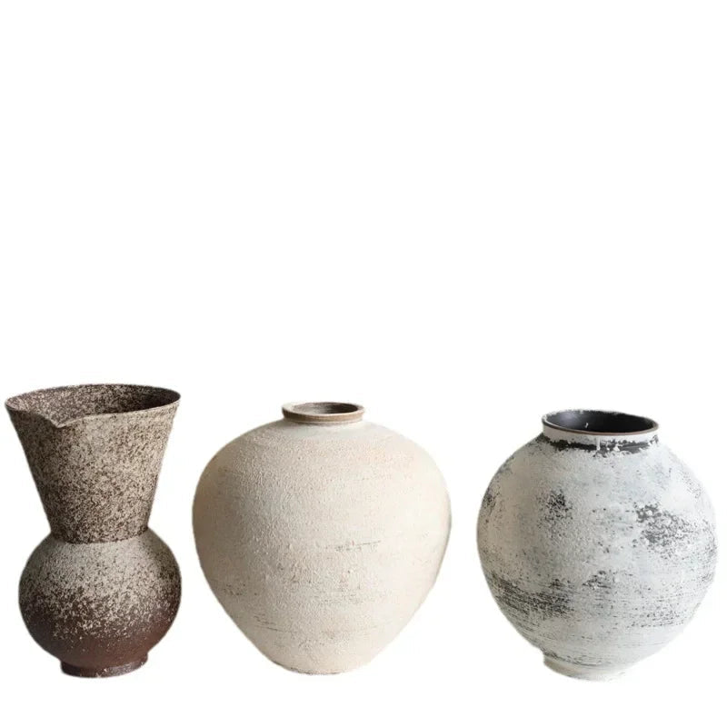 Tama Rustic Clay Vase collection showing the White, Sand, and Brown finishes together