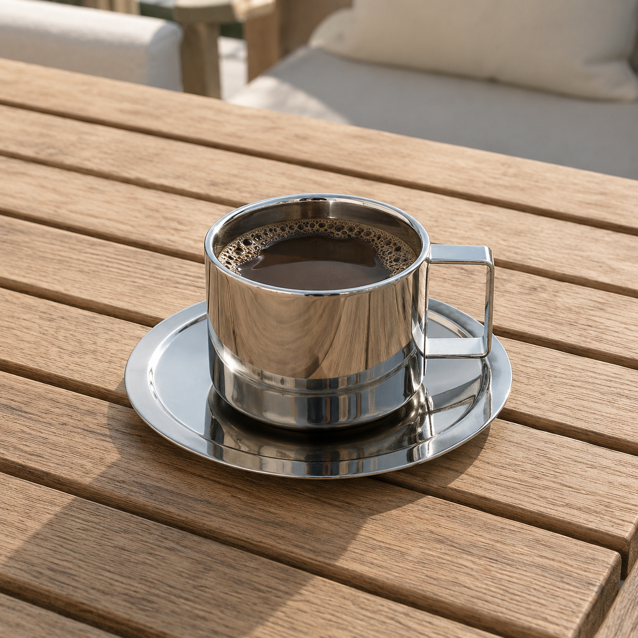 Close-up of the Tavra Coffee Cup Set showing the stainless steel finish