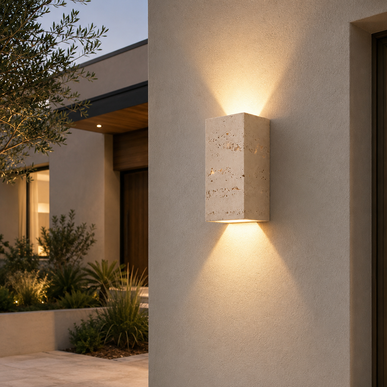 Teja travertine outdoor wall light mounted on an exterior wall