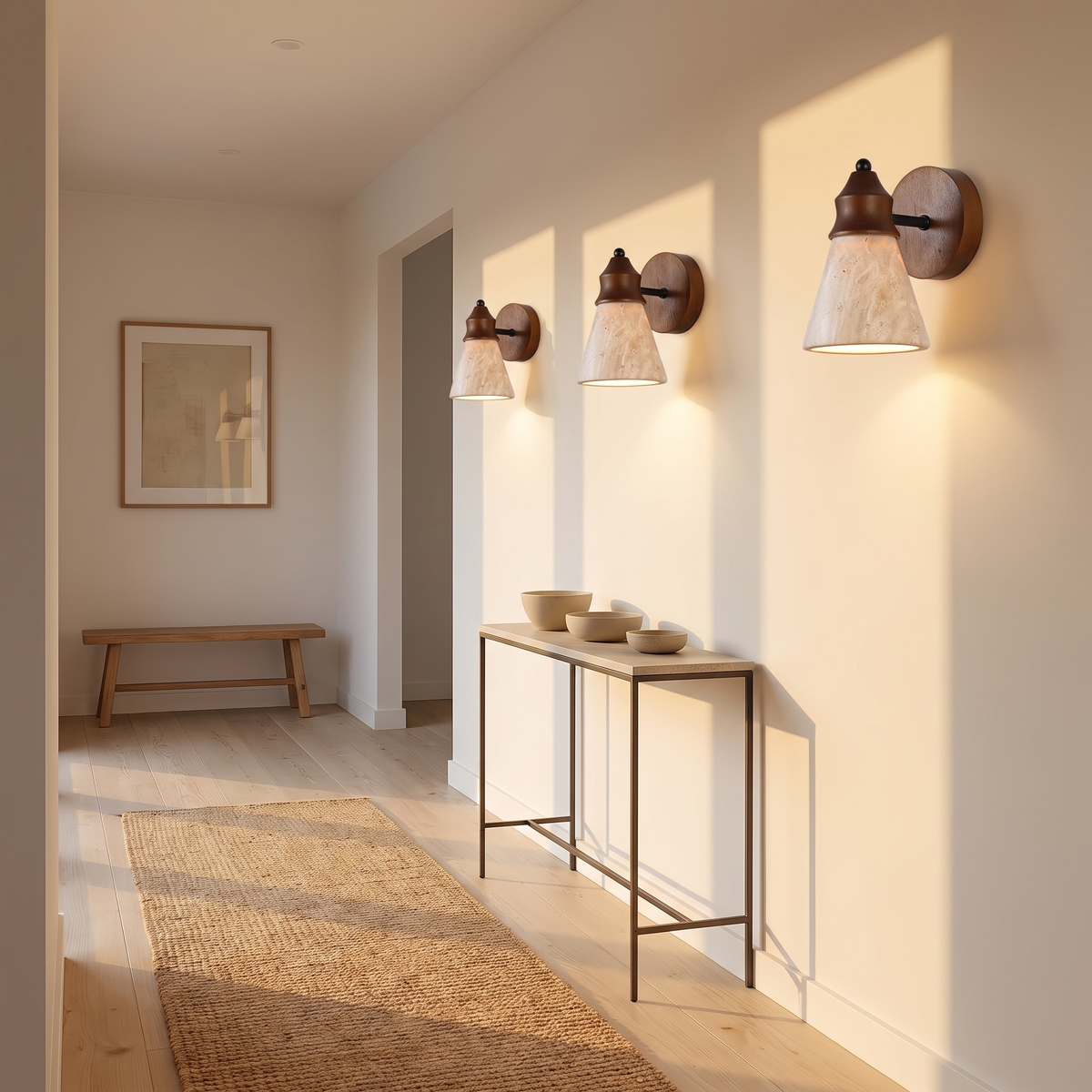 Telo travertine wall sconce in a hallway