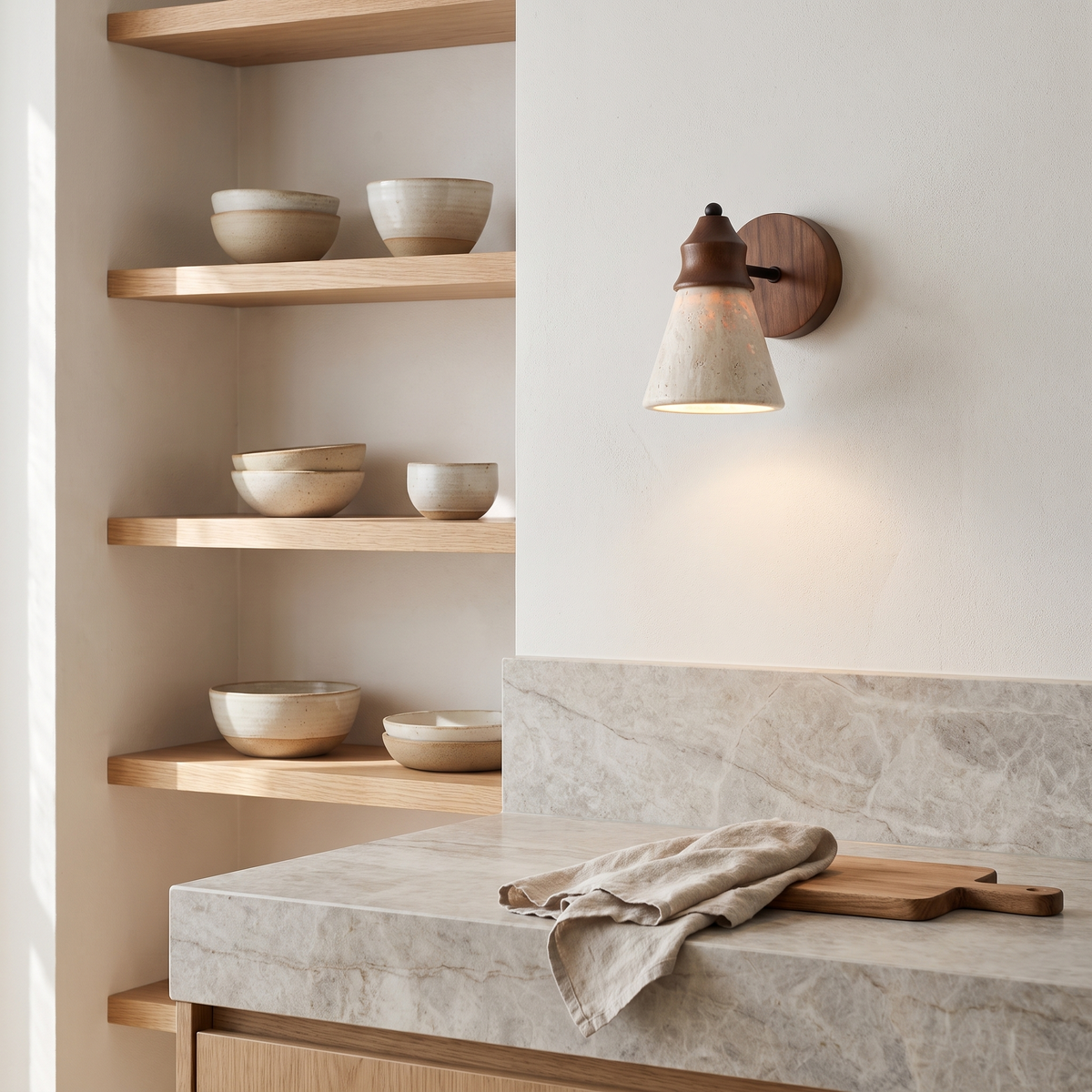 Telo travertine wall sconce beside kitchen shelves