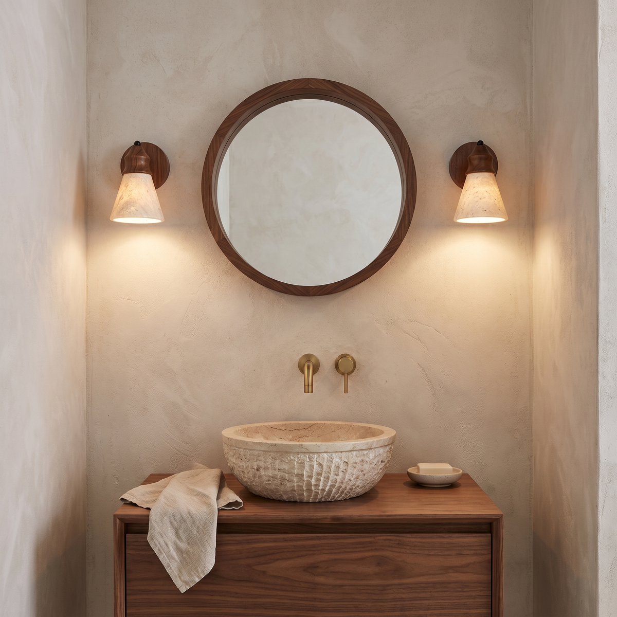 Telo travertine wall sconce in a powder room