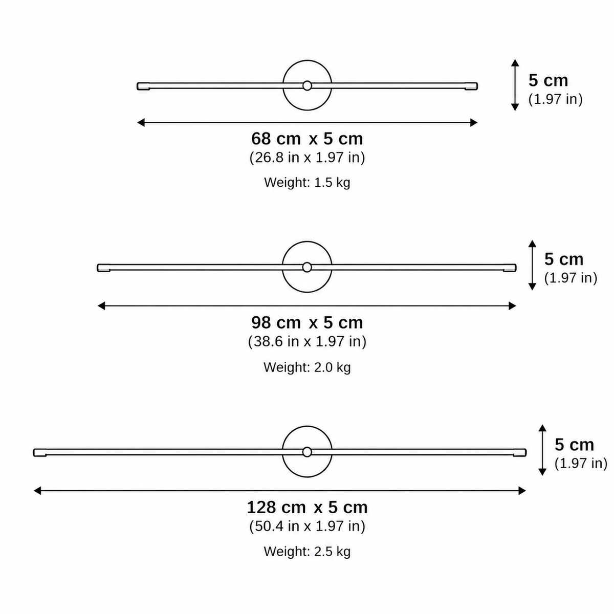 Tomi linear wall sconce dimensions diagram in centimetres and inches