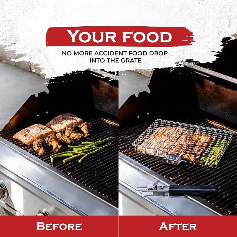 Toni grilling basket before and after comparison, food held in the basket instead of dropping into the grill