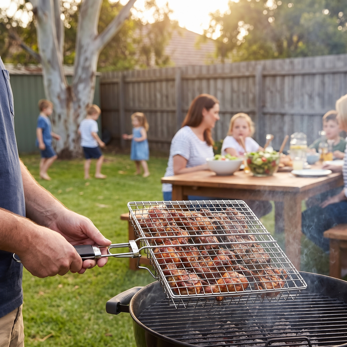 Flipping chicken and lamb cutlets in the Toni deep grilling basket at a family backyard BBQ