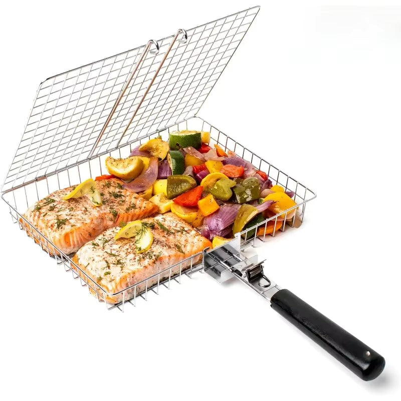 Toni deep grilling basket open with salmon fillets and roast vegetables inside, black detachable handle
