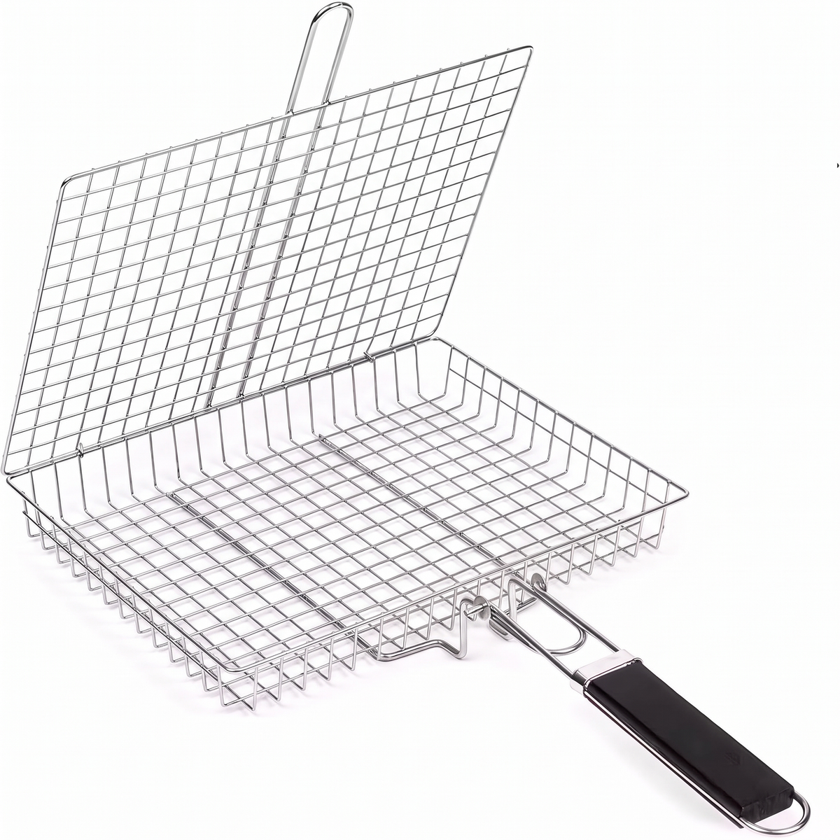 Toni deep grilling basket with hinged lid and detachable black handle on a white background