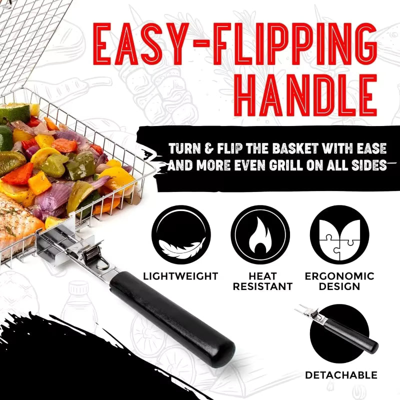 Toni grilling basket easy-flipping detachable handle, lightweight, heat resistant and ergonomic