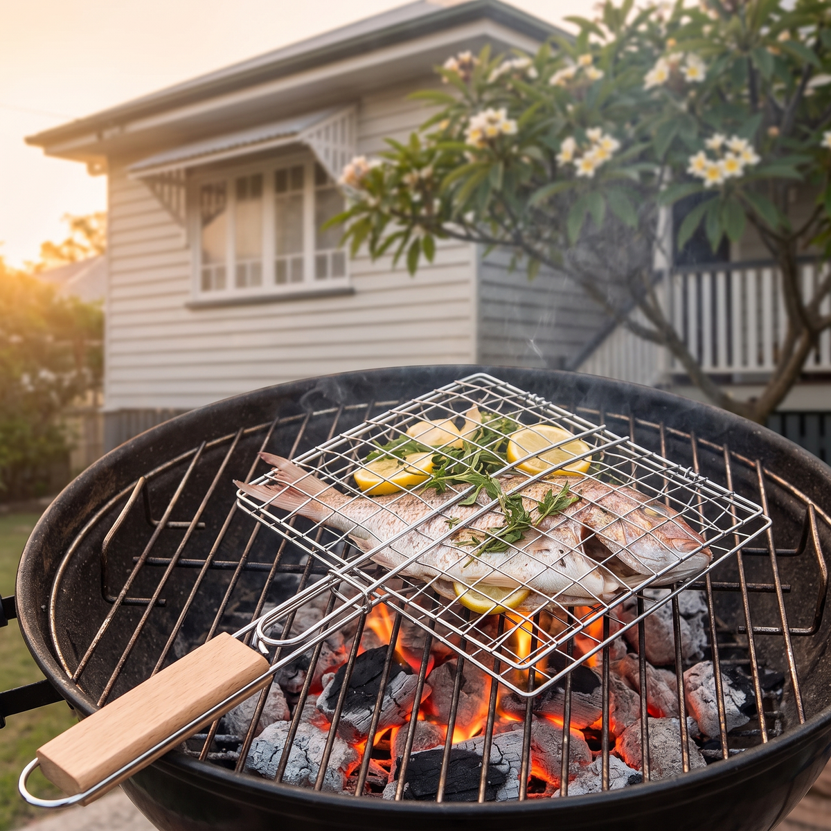 Toni flat grilling basket clamping a whole snapper over charcoal outside a Queensland weatherboard home
