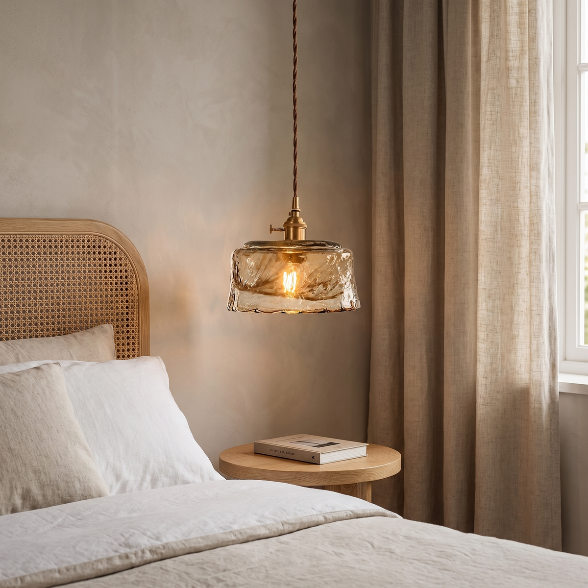 Tooky Model B amber drum pendant hanging as a bedside light beside a cane bedhead