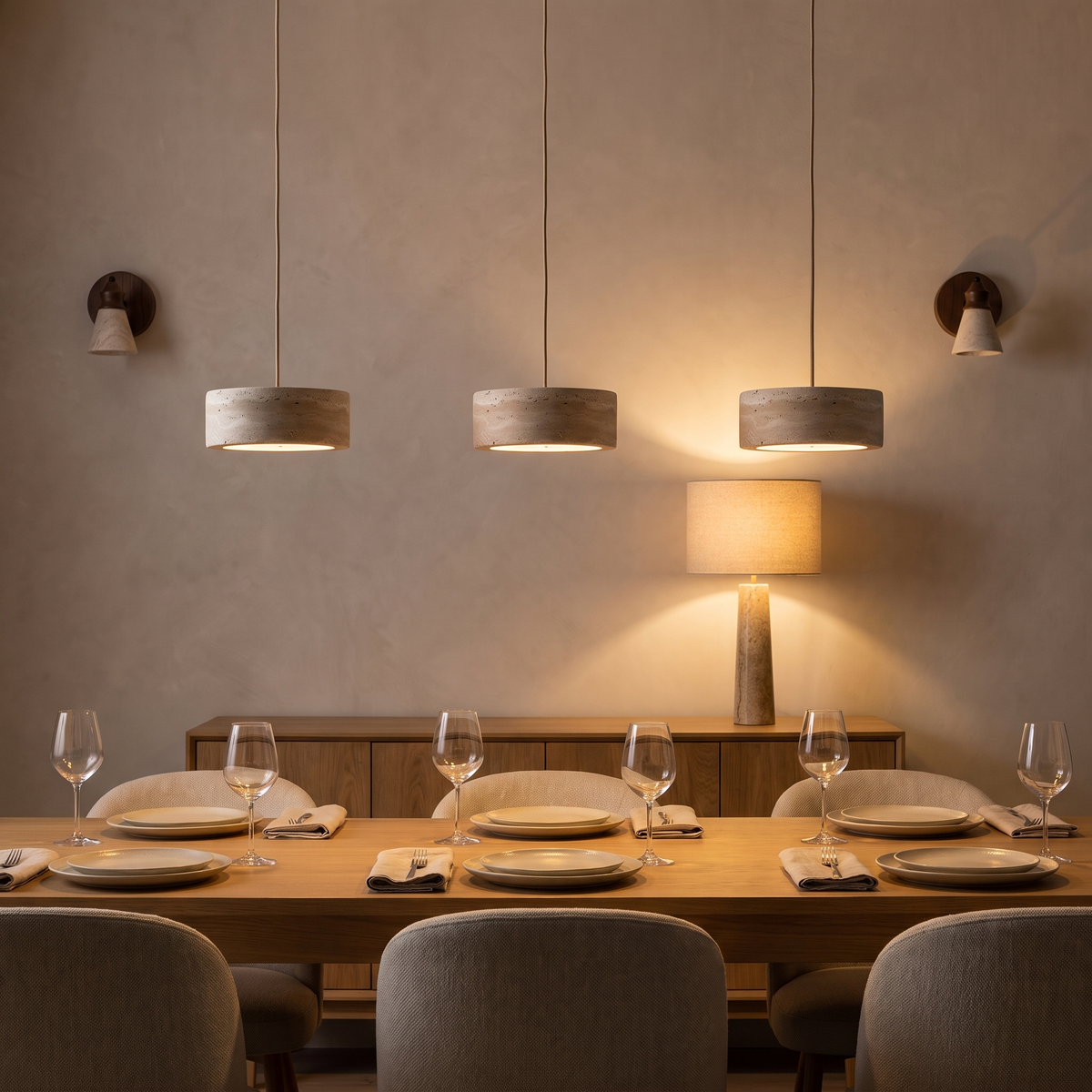 Three small Sora travertine pendants over an oak dining table with a pair of Telo travertine sconces and a Turri travertine lamp on the sideboard