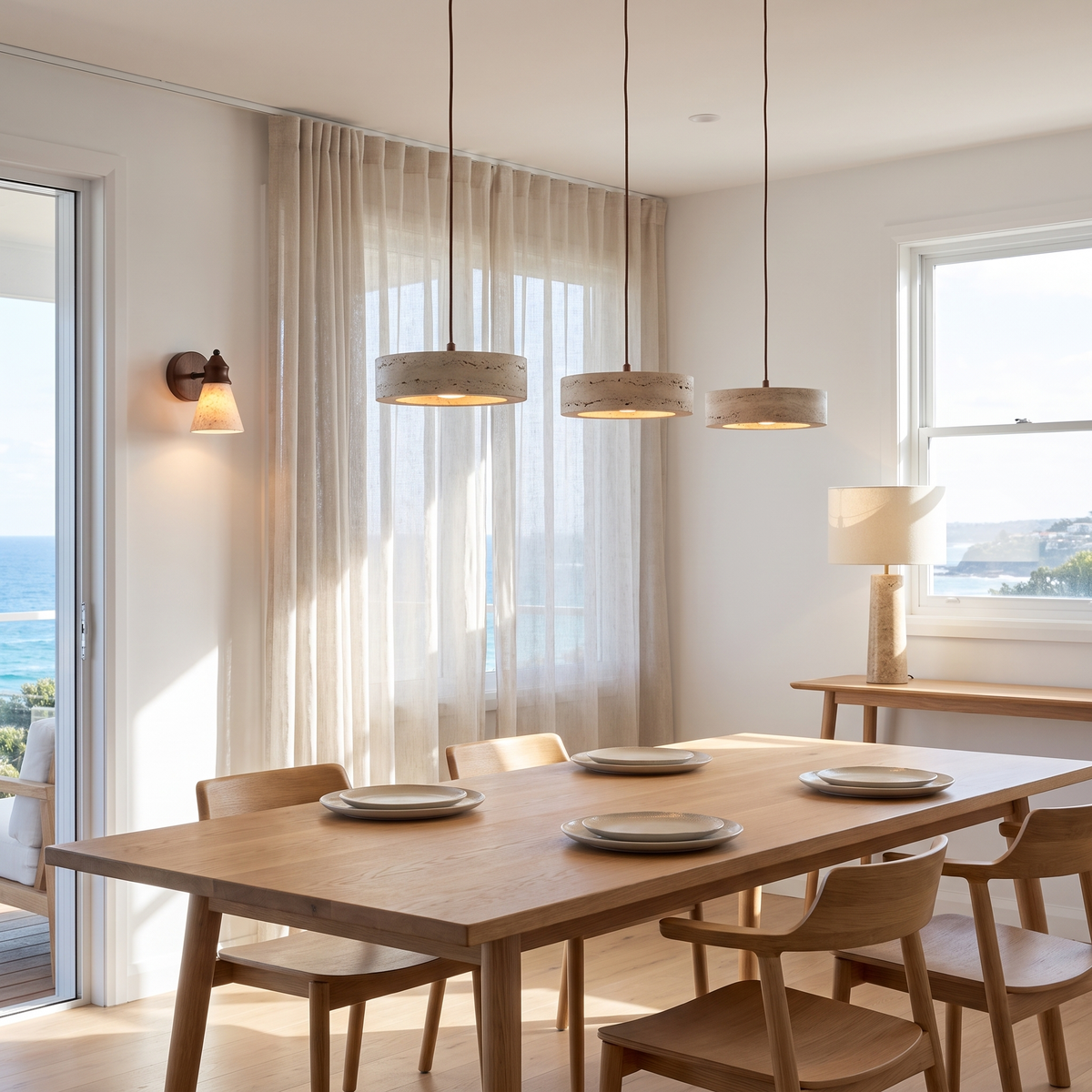 Three Sora travertine pendants over a coastal oak dining table with a Telo travertine sconce by the door and a Turri lamp on the console