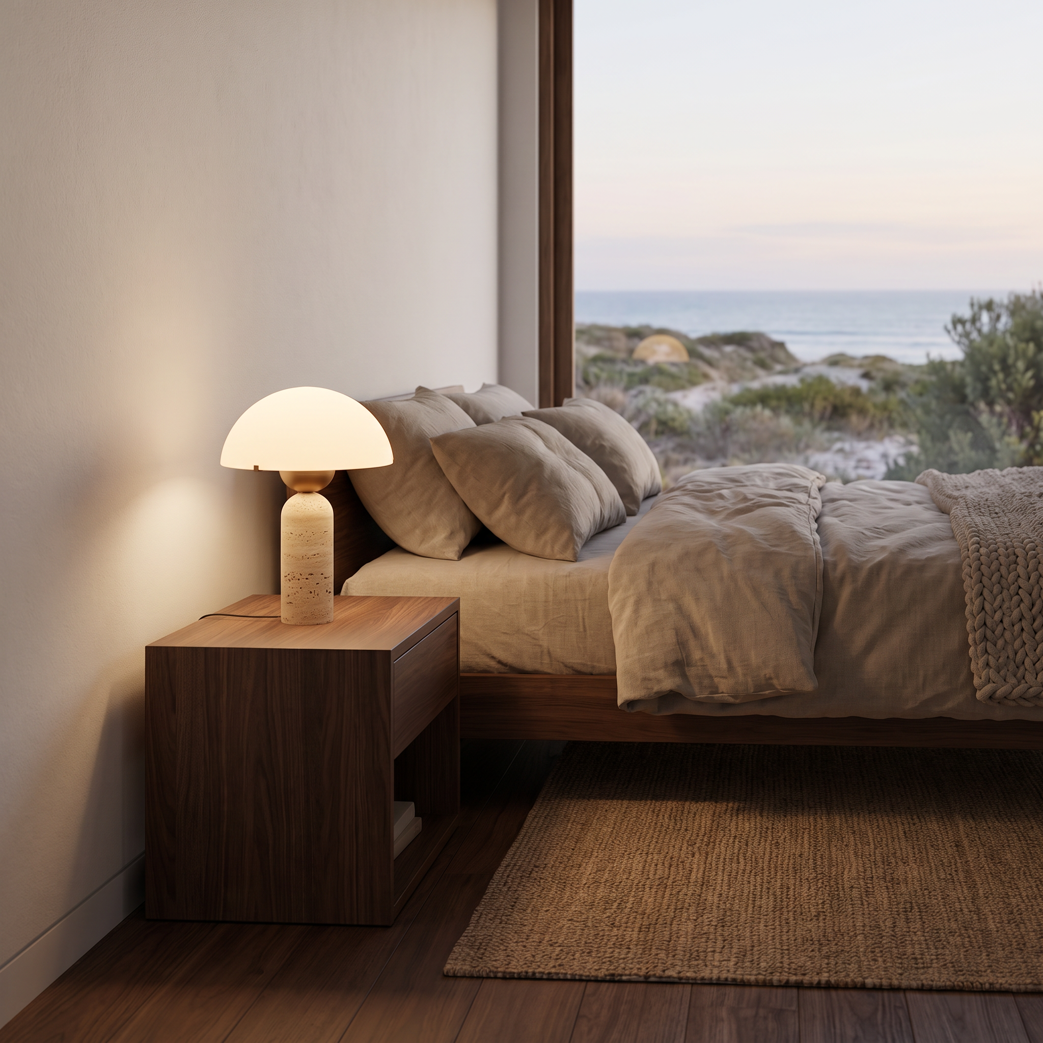 Beige travertine Tweed table lamp styled on a bedside table in a modern beach house bedroom