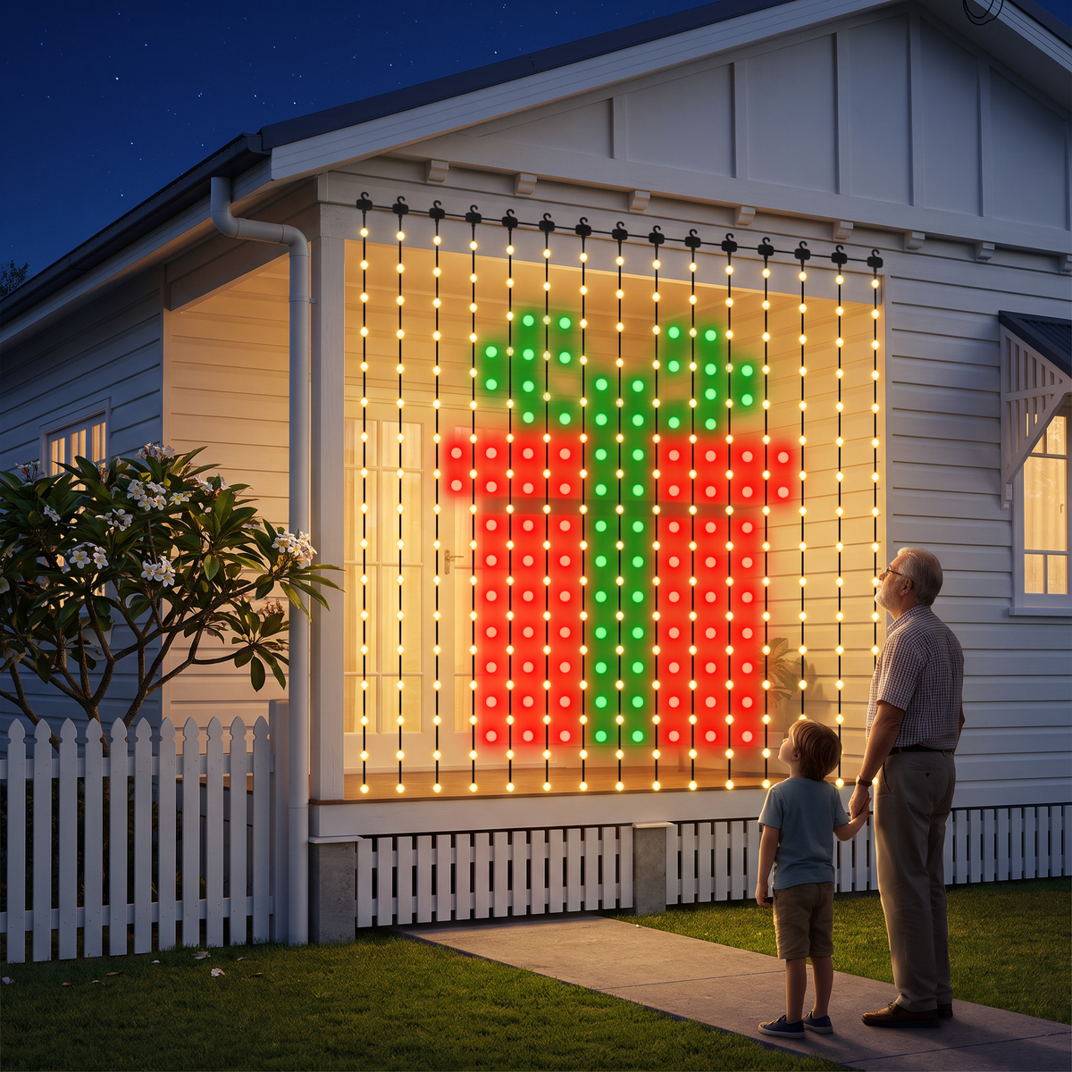 Twinkle 2.4m smart LED curtain light showing a Christmas present on a verandah