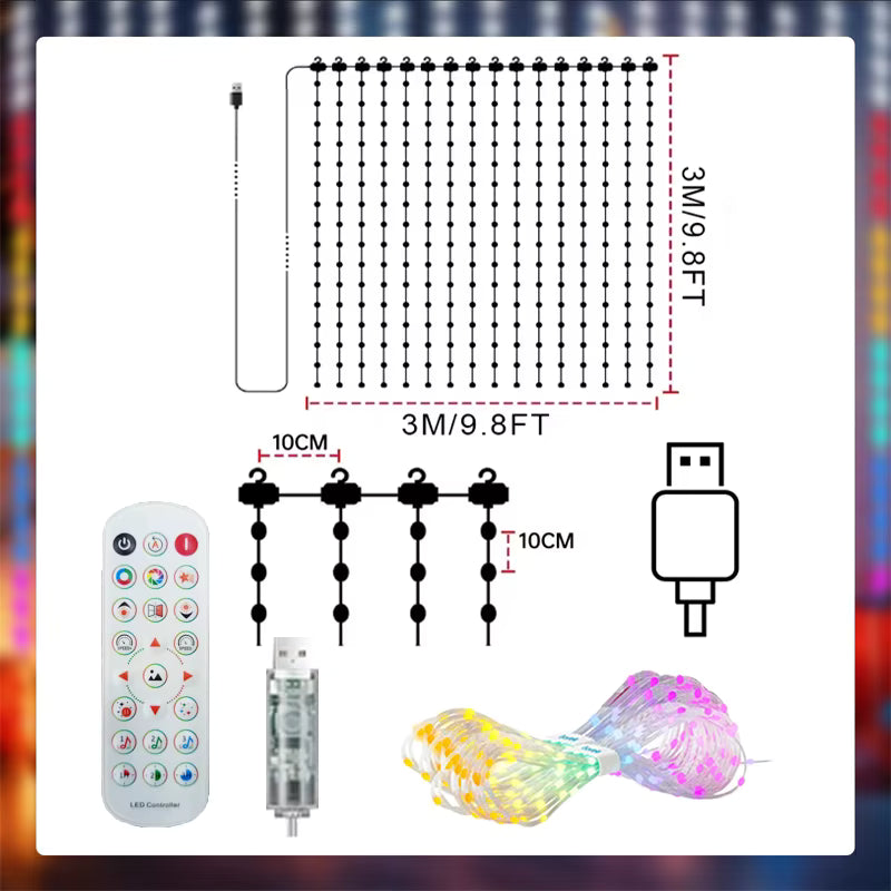 Twinkle 3m x 3m (9.8 x 9.8ft) smart LED curtain light with remote and USB plug