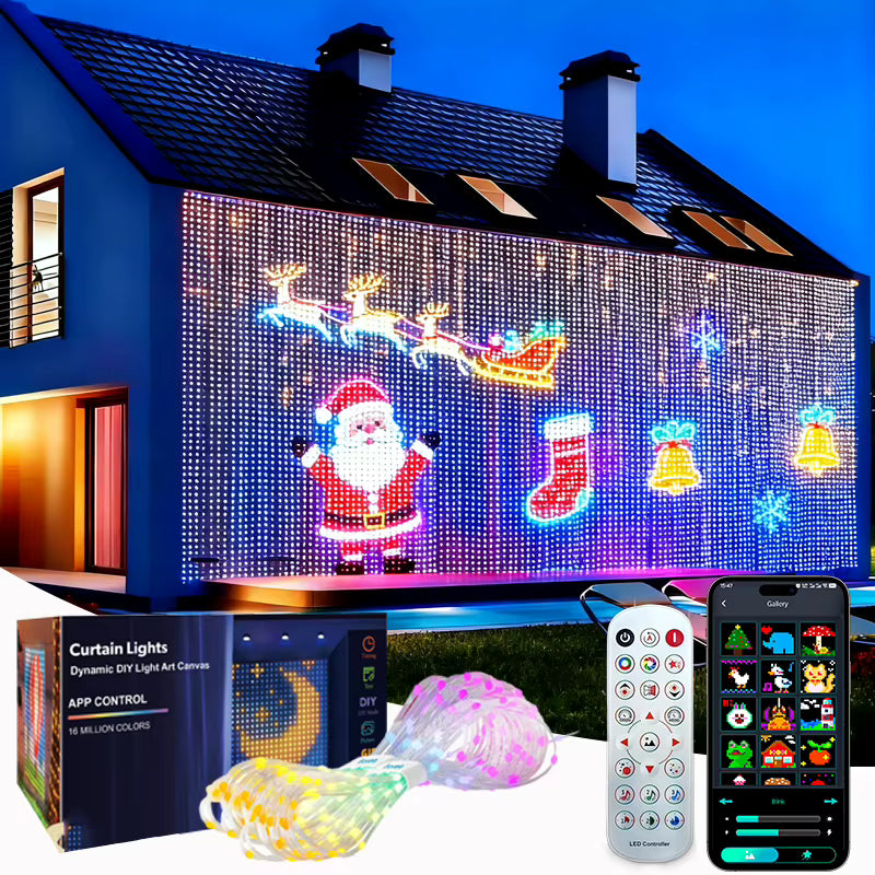 Twinkle smart LED curtain lights showing Santa and reindeer on a house, with app and remote