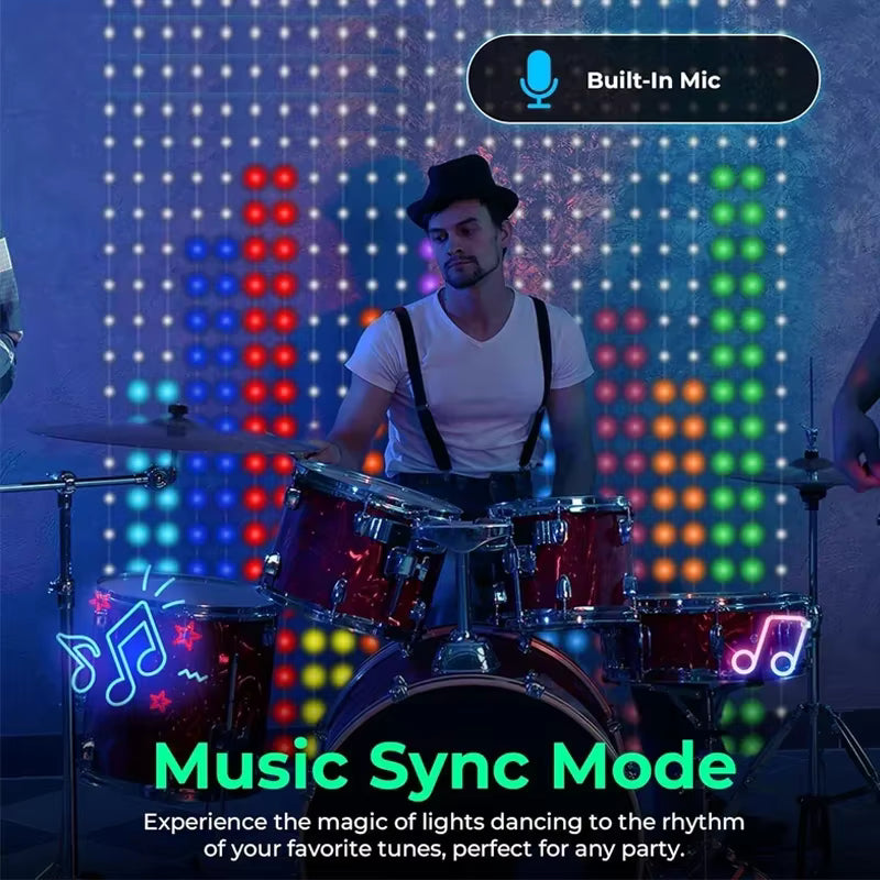 Drummer playing in front of Twinkle smart LED curtain lights in music sync mode