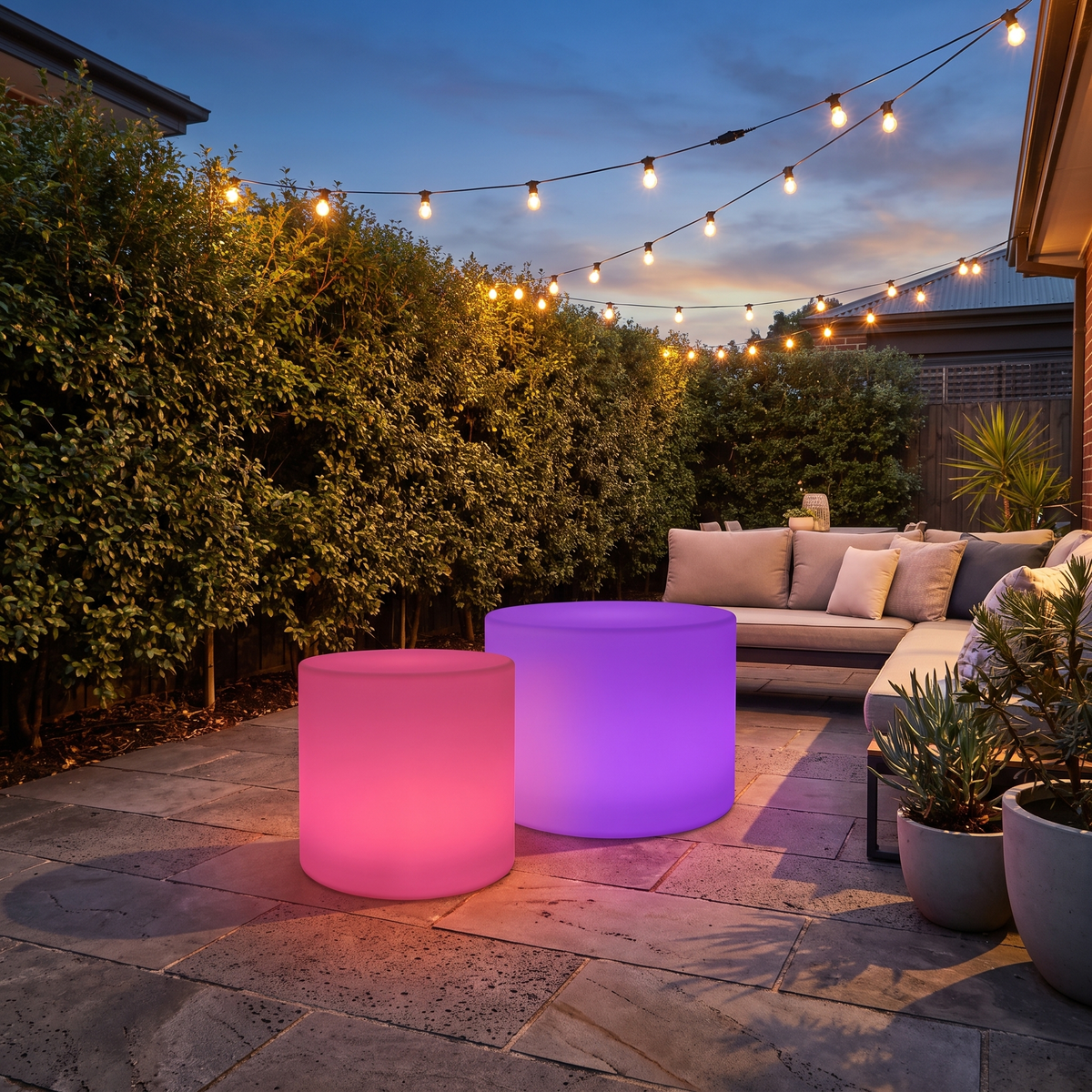 Two Geri LED outdoor tables glowing pink and purple in a courtyard with festoon lights