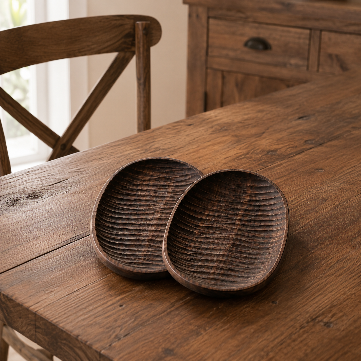 Close-up of the Ubud Serving Plate's natural walnut wood grain