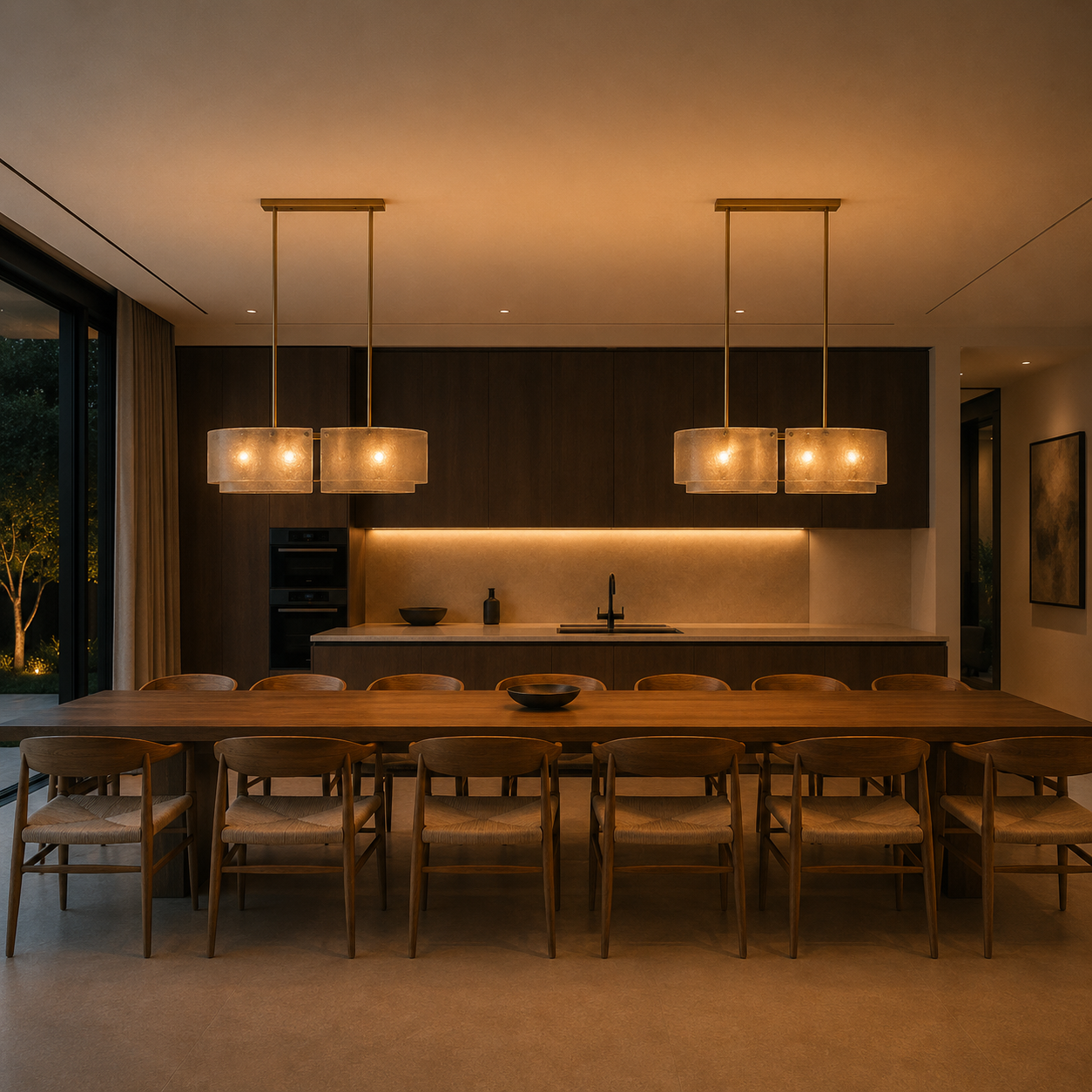 Valencia Glass Linear Chandelier illuminated