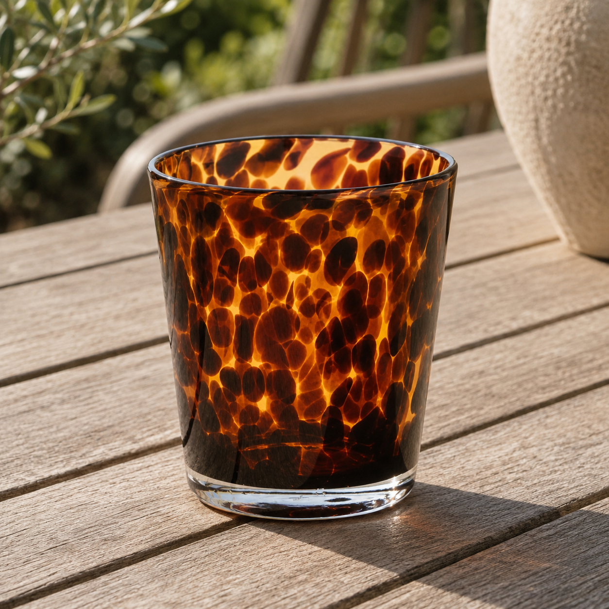 Close-up of the Velor Drinking Glass's leopard print pattern