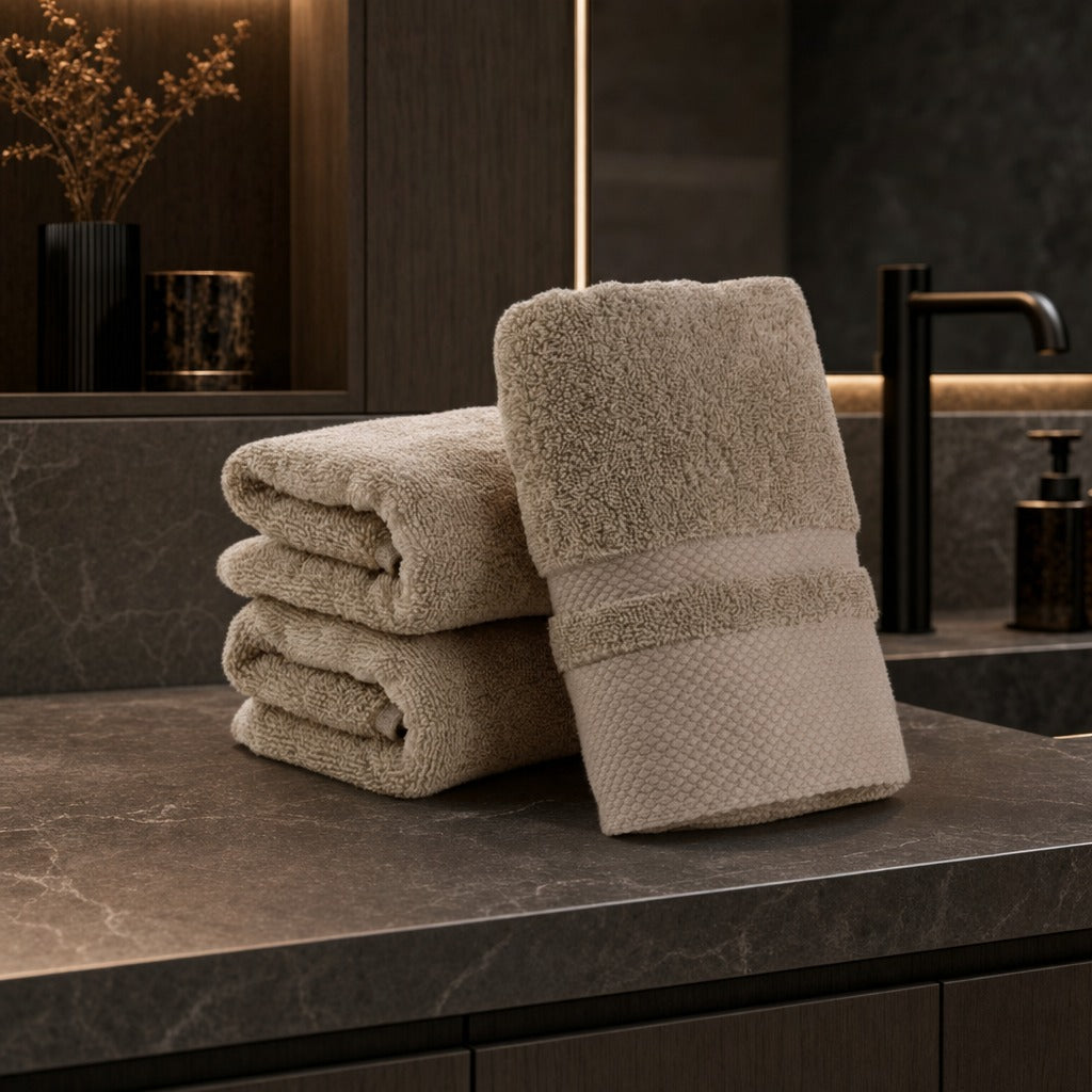 Velour striped cotton blend 3-piece towel set in brown on a dark stone bathroom vanity