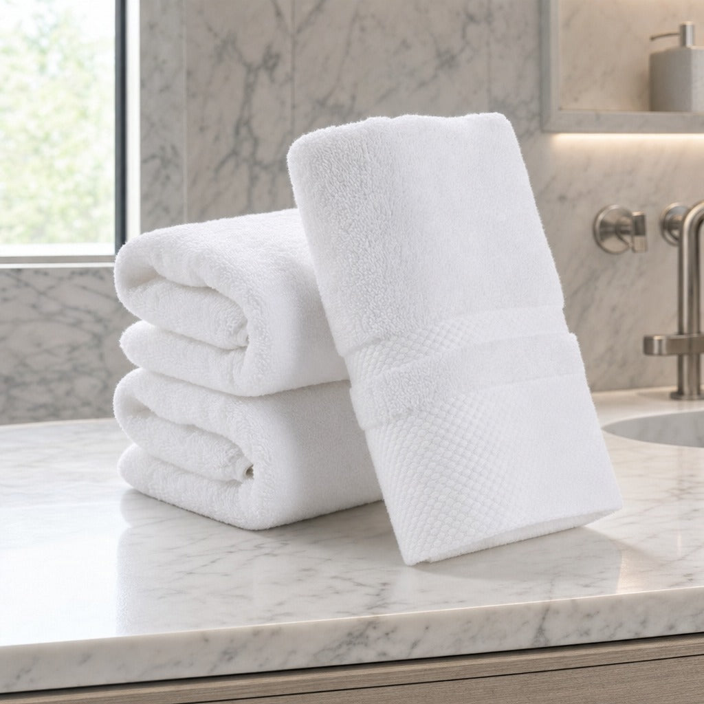 Velour striped cotton blend bath towels in white folded on a marble vanity by a window