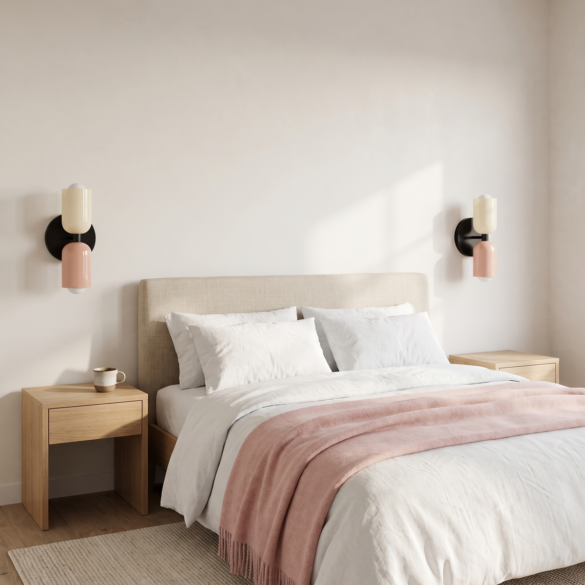 Pair of Vic up down wall sconces with black base and white and pink shades in a Scandinavian bedroom
